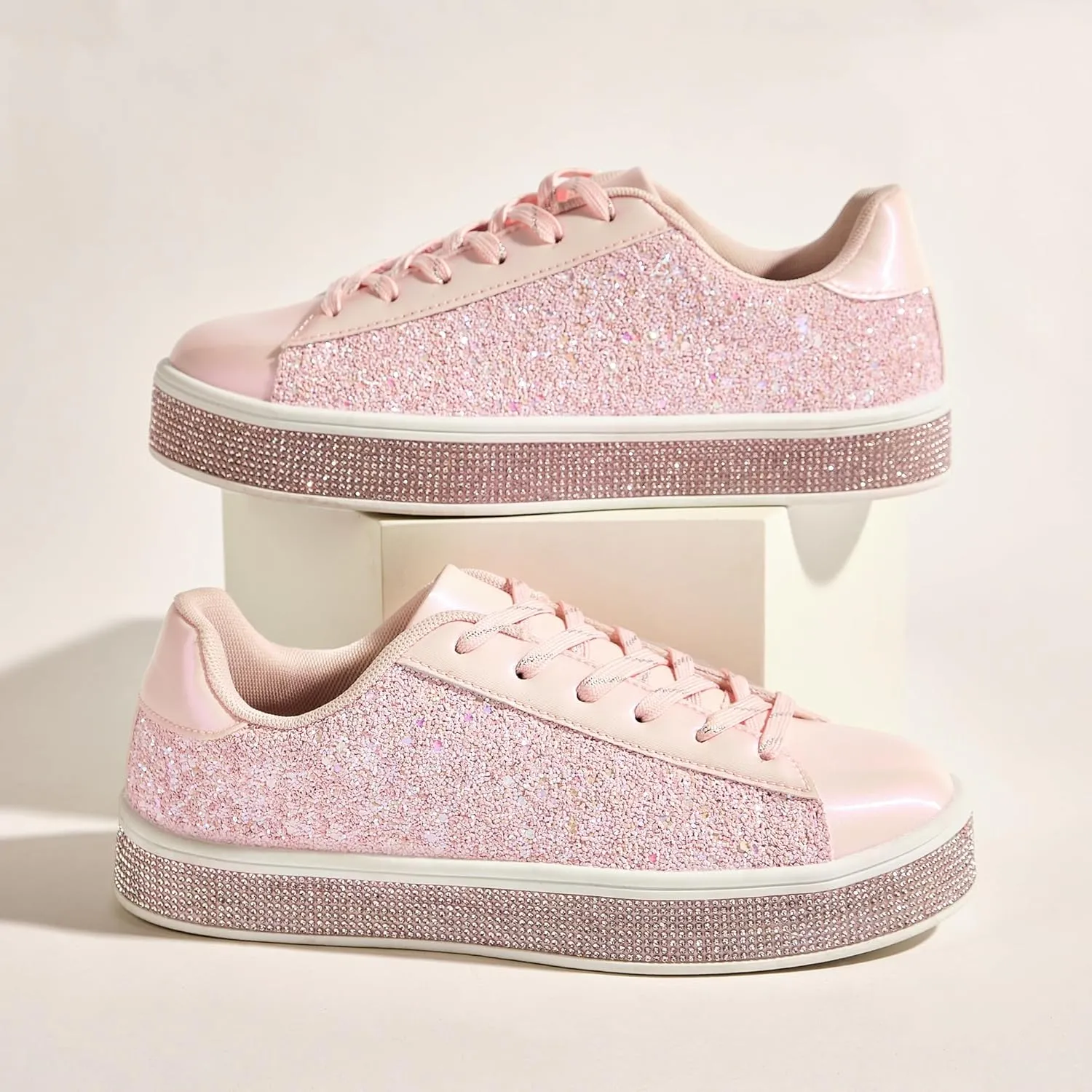 UUBARIS Women's Glitter Tennis Sneakers Neon Dressy Sparkly Sneakers Rhinestone Bling Wedding Bridal Shoes Shiny Sequin Shoes