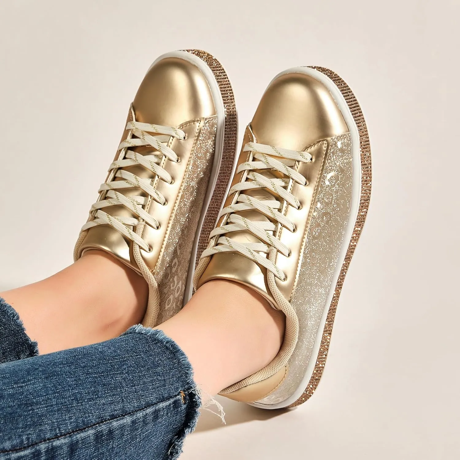 UUBARIS Women's Glitter Tennis Sneakers Neon Dressy Sparkly Sneakers Rhinestone Bling Wedding Bridal Shoes Shiny Sequin Shoes