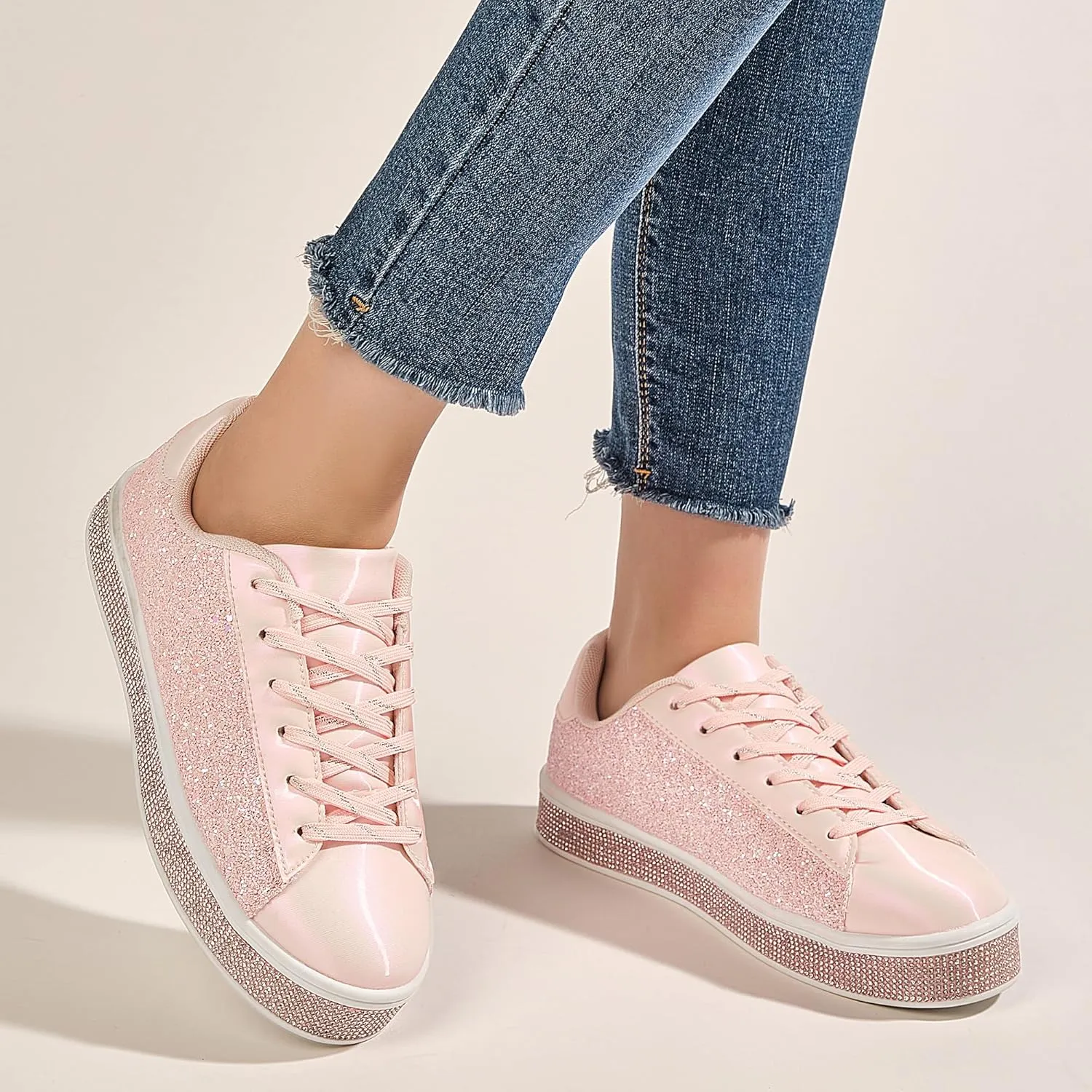 UUBARIS Women's Glitter Tennis Sneakers Neon Dressy Sparkly Sneakers Rhinestone Bling Wedding Bridal Shoes Shiny Sequin Shoes