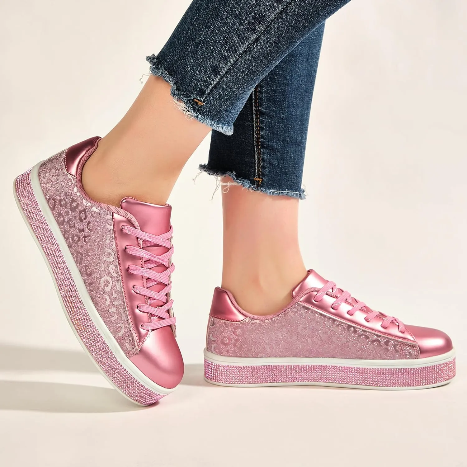 UUBARIS Women's Glitter Tennis Sneakers Neon Dressy Sparkly Sneakers Rhinestone Bling Wedding Bridal Shoes Shiny Sequin Shoes