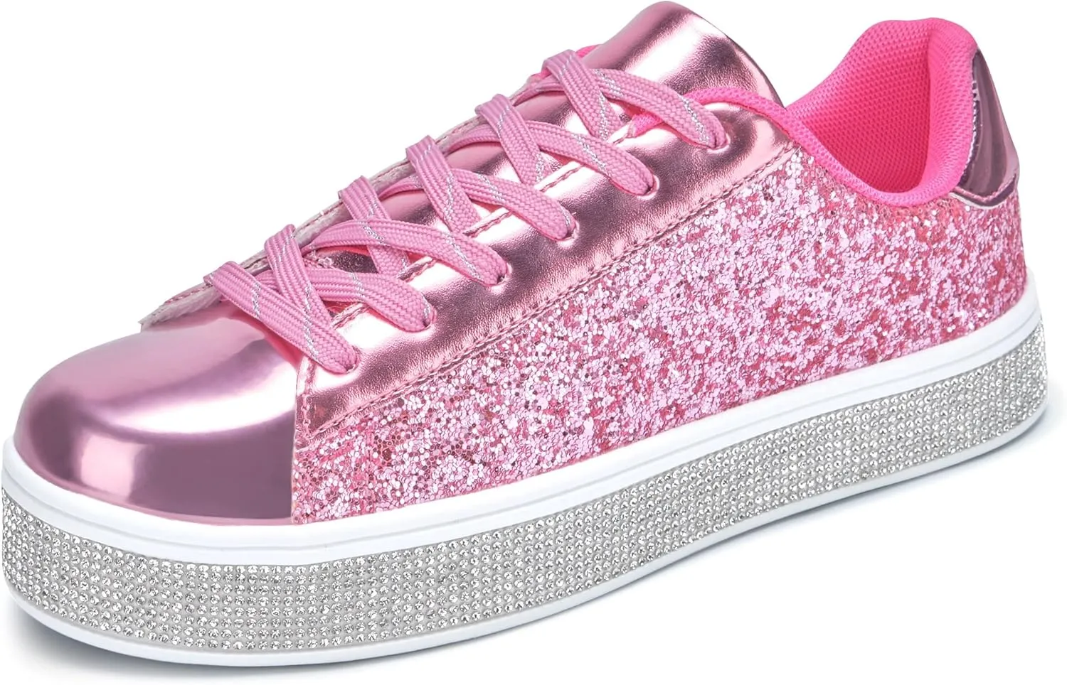 UUBARIS Women's Glitter Tennis Sneakers Neon Dressy Sparkly Sneakers Rhinestone Bling Wedding Bridal Shoes Shiny Sequin Shoes