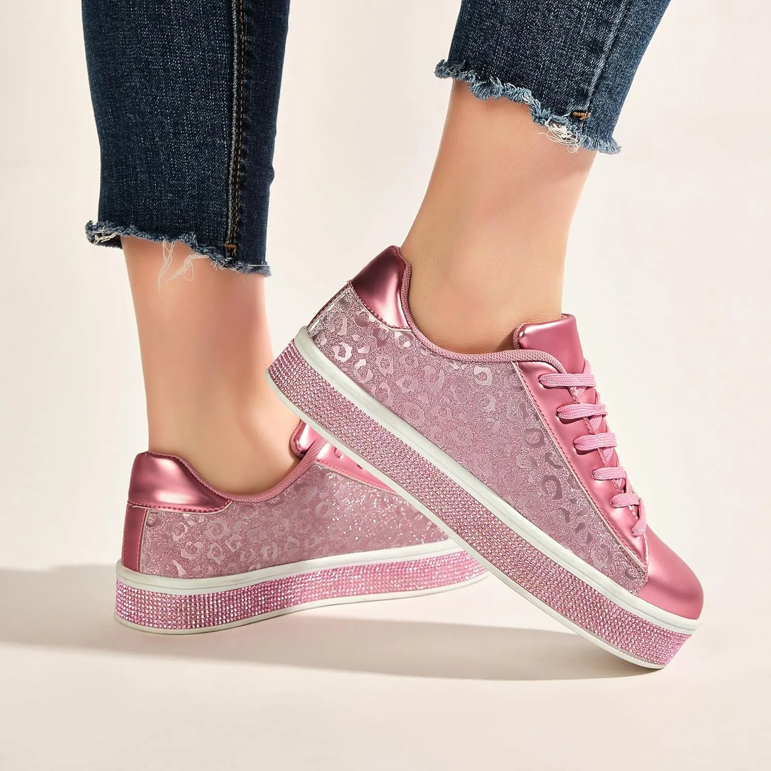 UUBARIS Women's Glitter Tennis Sneakers Neon Dressy Sparkly Sneakers Rhinestone Bling Wedding Bridal Shoes Shiny Sequin Shoes