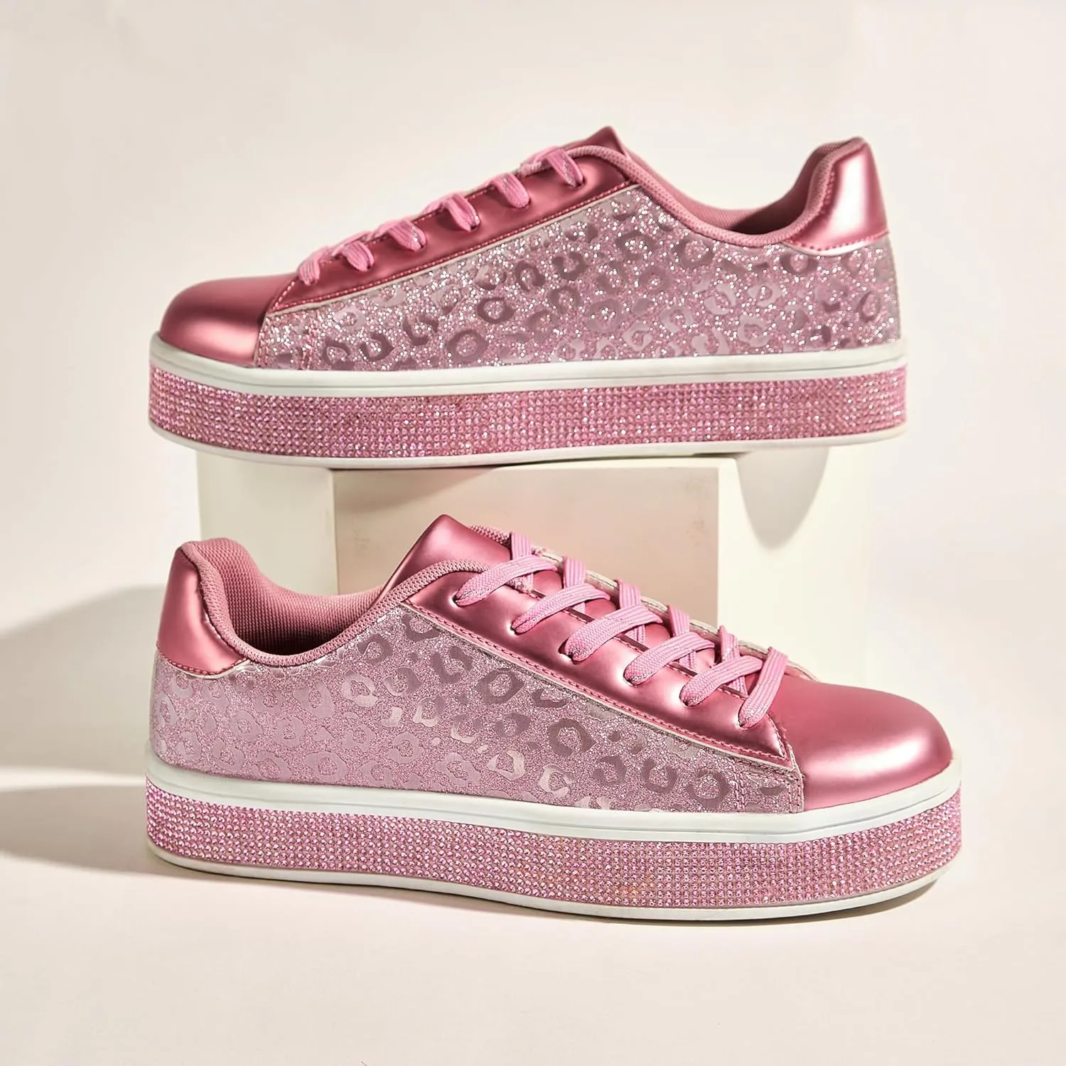 UUBARIS Women's Glitter Tennis Sneakers Neon Dressy Sparkly Sneakers Rhinestone Bling Wedding Bridal Shoes Shiny Sequin Shoes