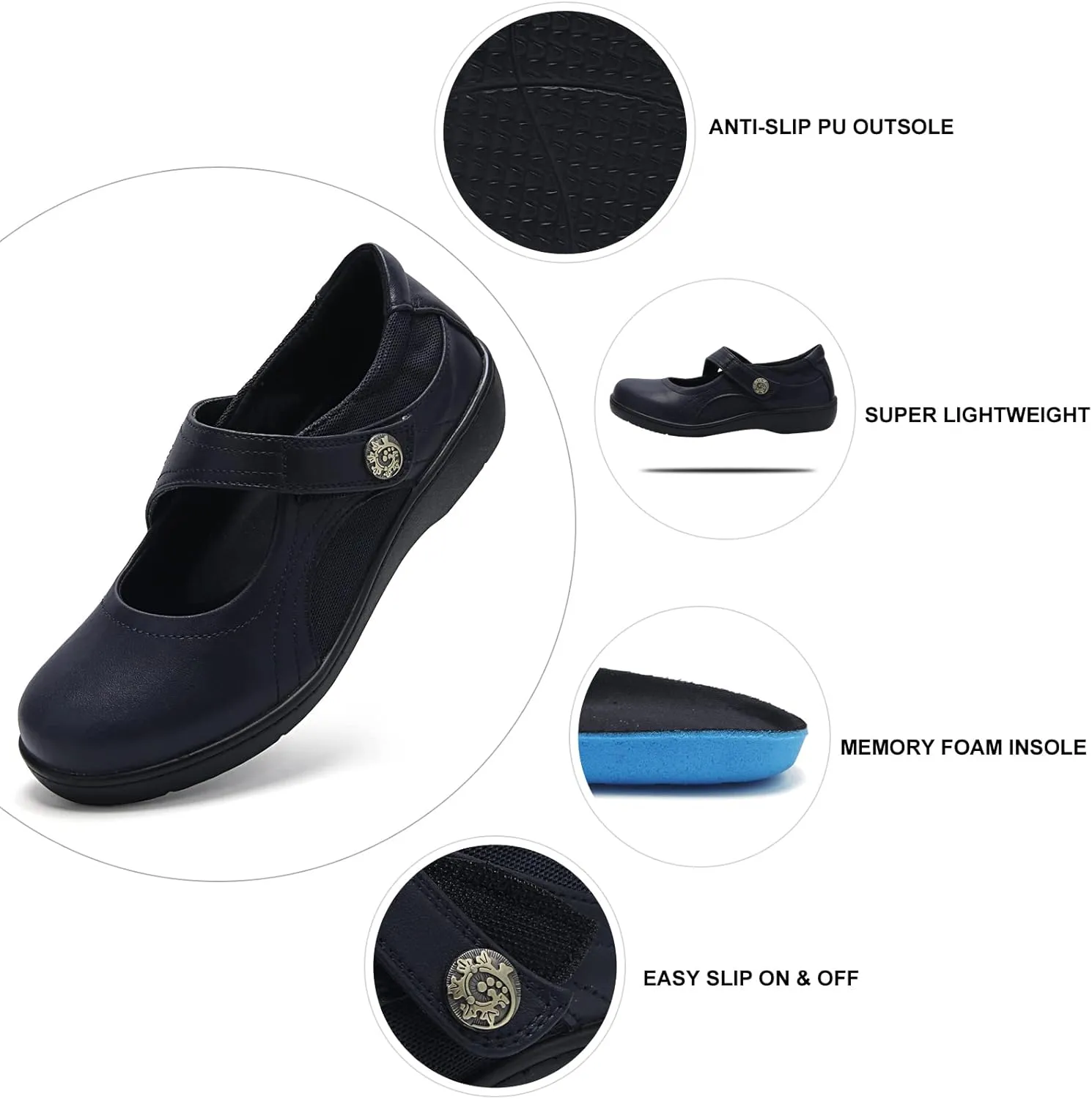 UZB Mary Jane Shoes Women Orthopedic Flats Comfortable Non Slip Work Shoes with Memory Foam