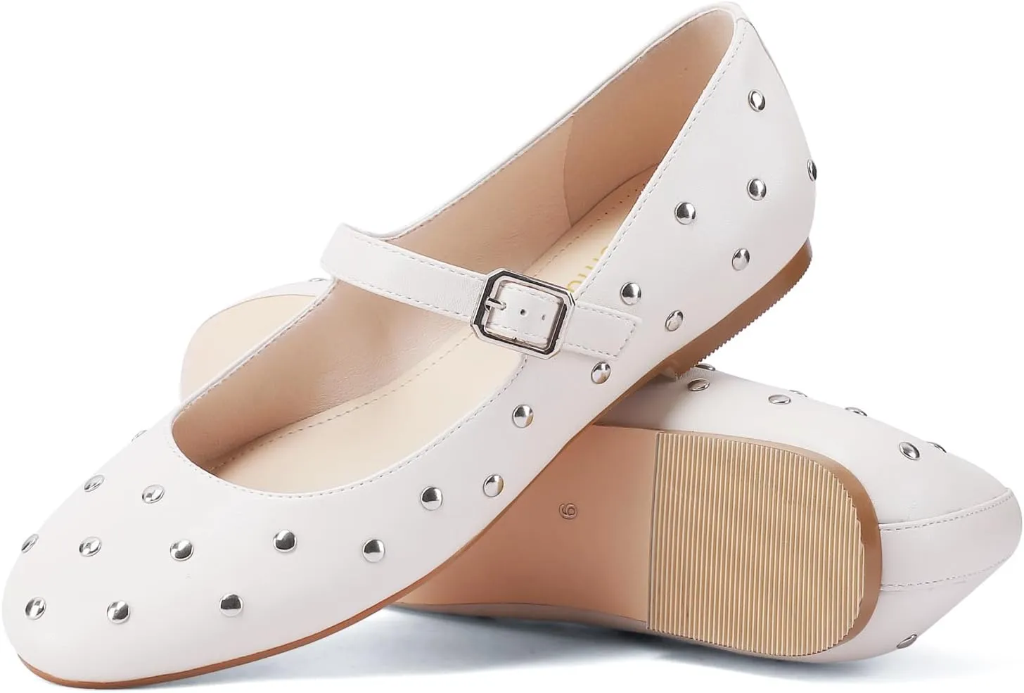 Vaslemuse Studded Ballet Flats for Women Round Toe Buckle Strap Mary Jane Shoes Daily Life Casual Work
