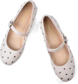 Vaslemuse Studded Ballet Flats for Women Round Toe Buckle Strap Mary Jane Shoes Daily Life Casual Work