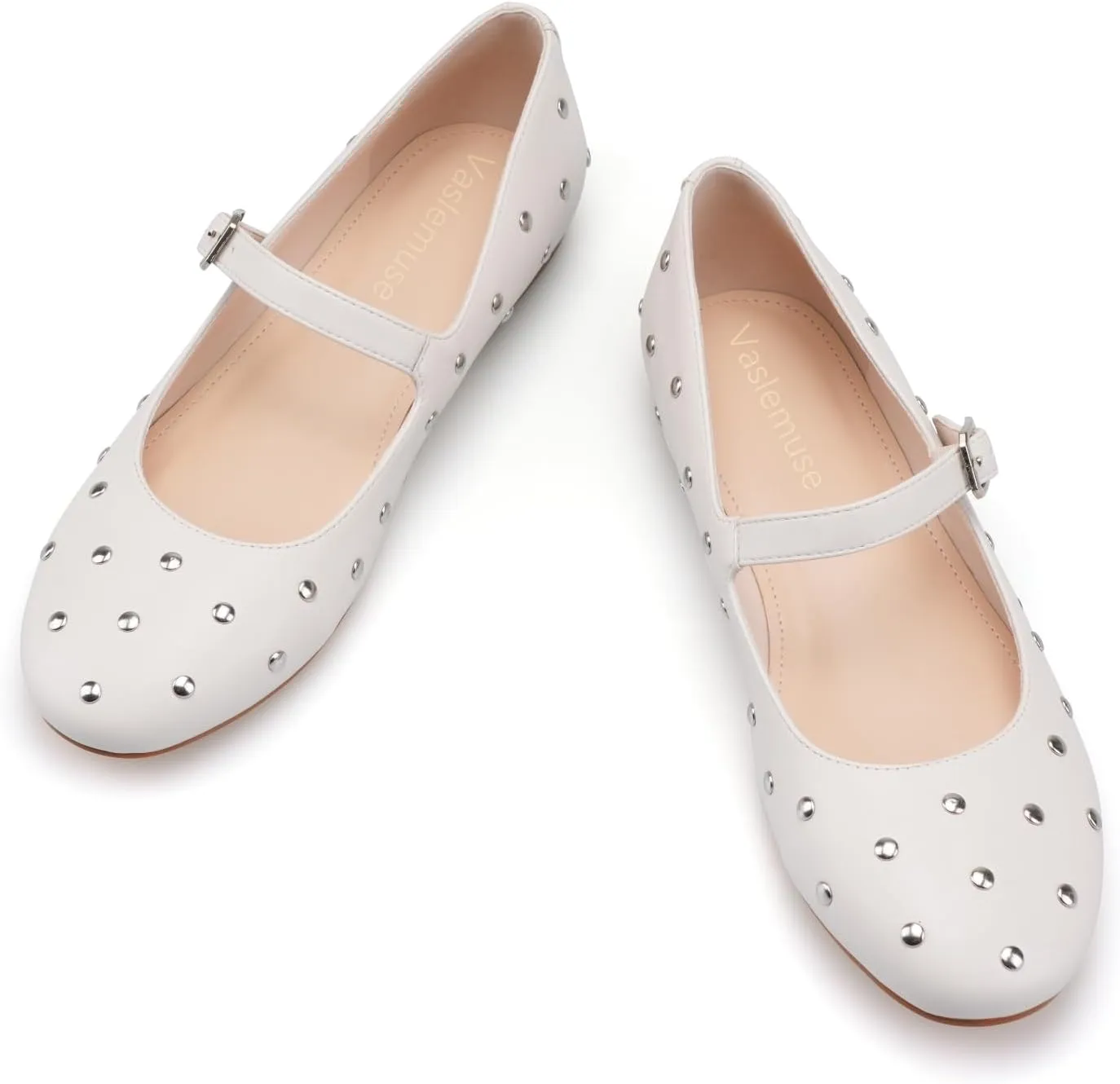 Vaslemuse Studded Ballet Flats for Women Round Toe Buckle Strap Mary Jane Shoes Daily Life Casual Work