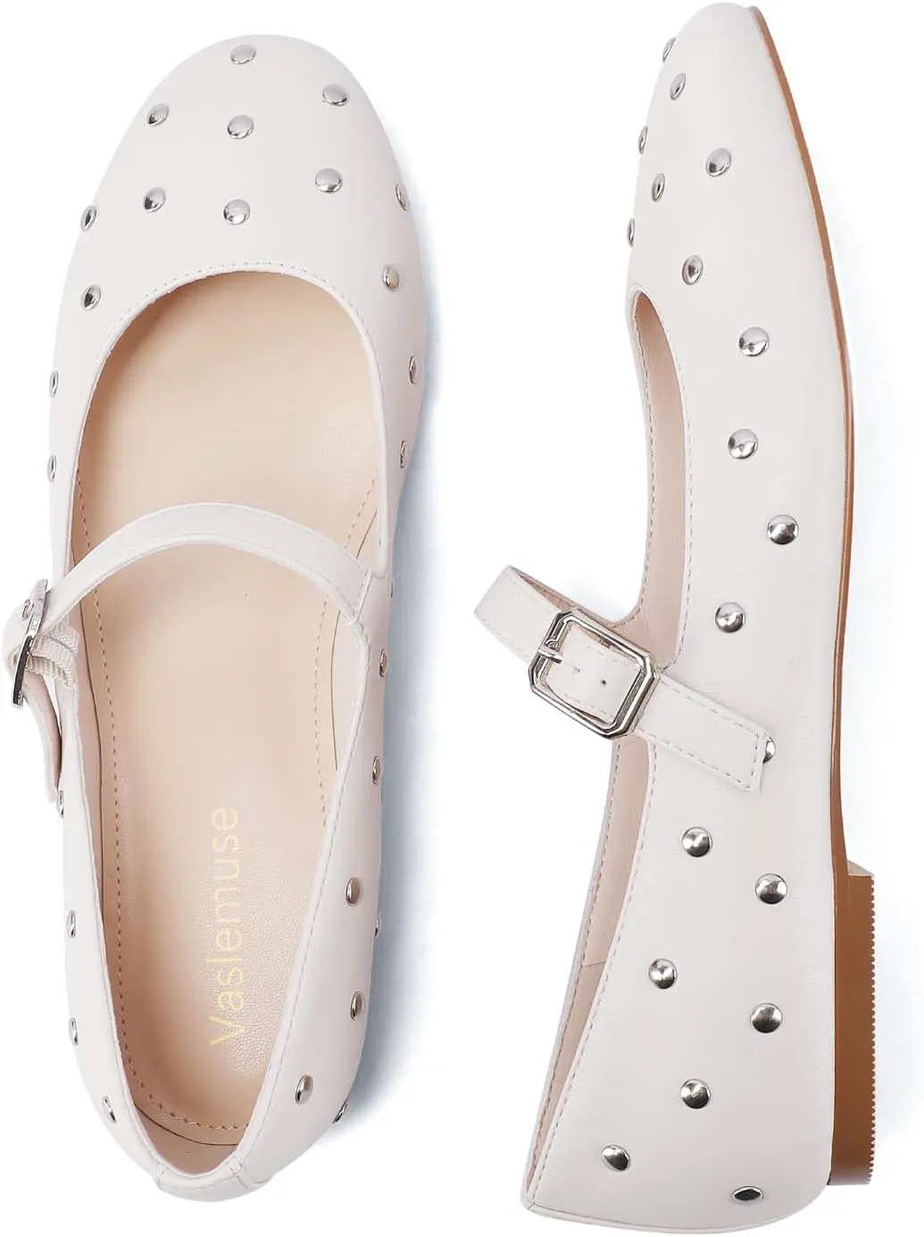 Vaslemuse Studded Ballet Flats for Women Round Toe Buckle Strap Mary Jane Shoes Daily Life Casual Work