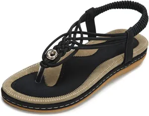 Veslexth Women's Casual Sandals Summer Bohemian Flat Ankle T-Strap Thong Elastic Strap Slippers Comfortable Home Weave Flip Flops