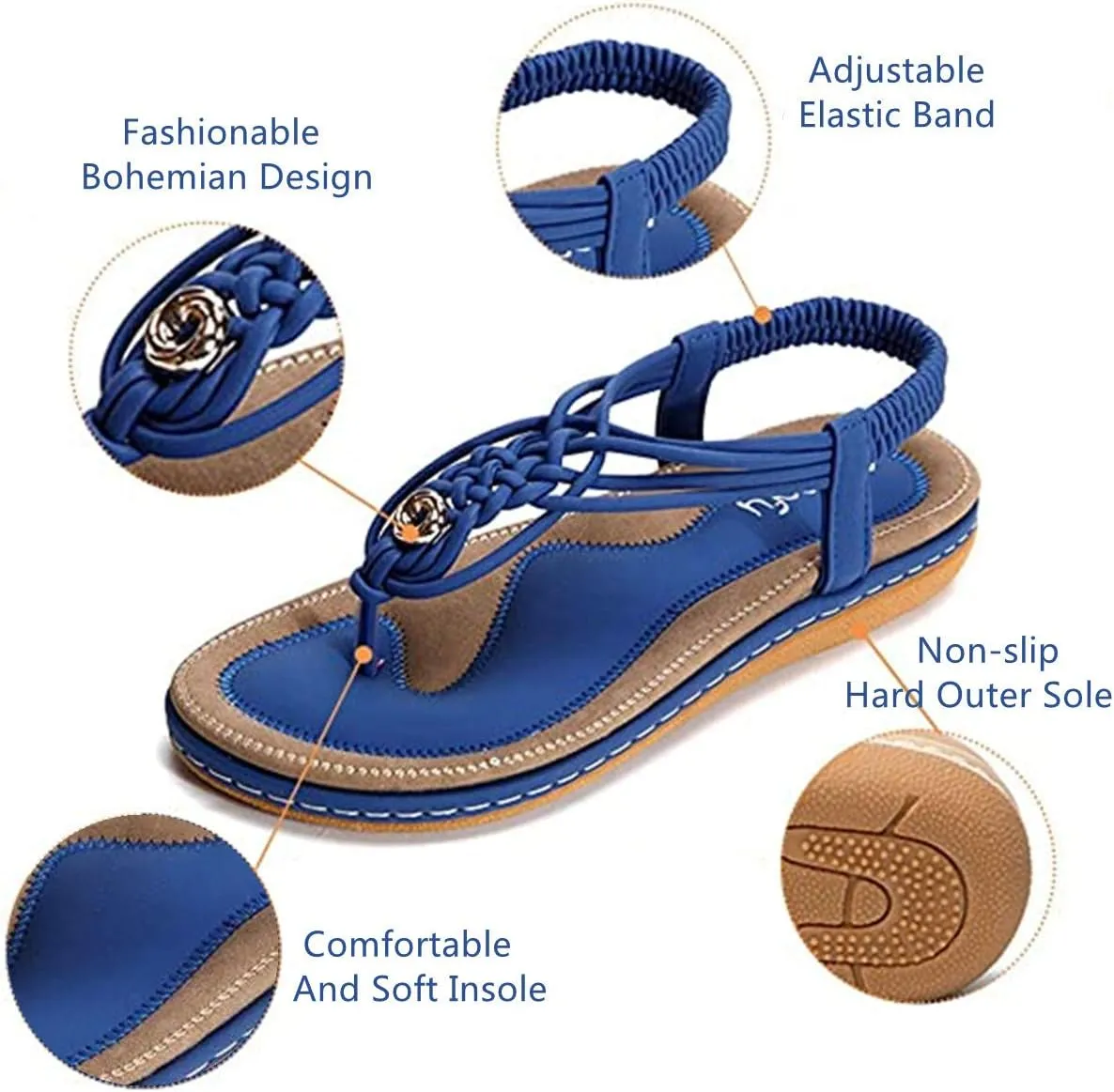 Veslexth Women's Casual Sandals Summer Bohemian Flat Ankle T-Strap Thong Elastic Strap Slippers Comfortable Home Weave Flip Flops