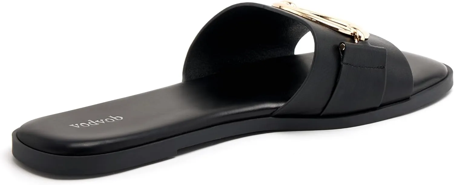 vodvob Women's Flat Sandals Fashion Square Open Toe Metal Chain Summer Dressy Sandals Slip On Casual Slides
