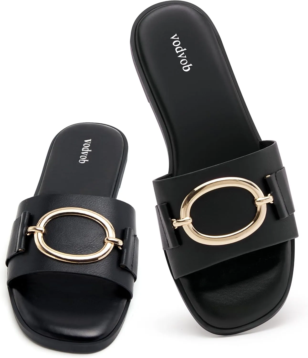 vodvob Women's Flat Sandals Fashion Square Open Toe Metal Chain Summer Dressy Sandals Slip On Casual Slides