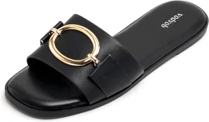 vodvob Women's Flat Sandals Fashion Square Open Toe Metal Chain Summer Dressy Sandals Slip On Casual Slides