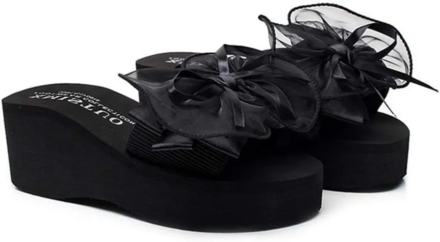 VOKLIN Women's Bohemian Bowknot Wedge High Heel Slide Sandals Summer Comfort Nonslip Platform Beach Sandal