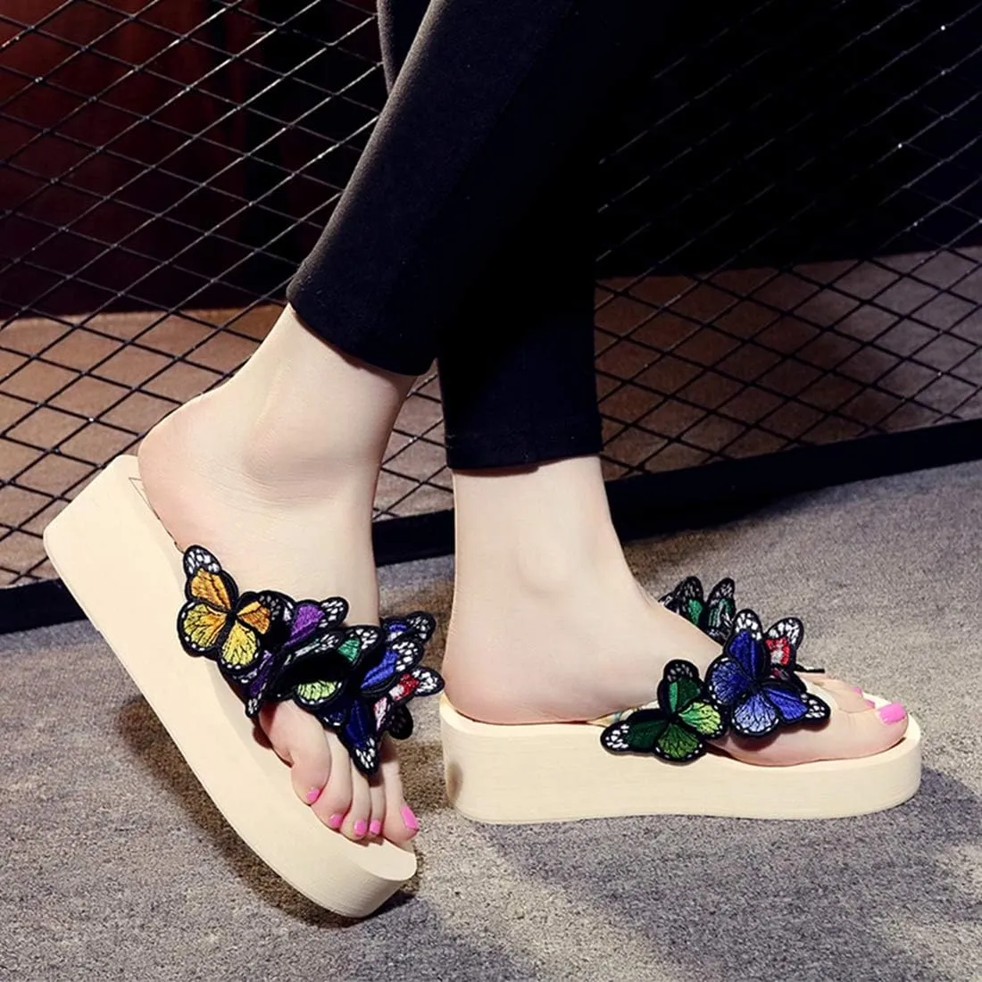 VOKLIN Women's Bohemian Butterfly Platform High Heel Flip Flops Anti-Slip Summer Beach Thong Wedge Sandals