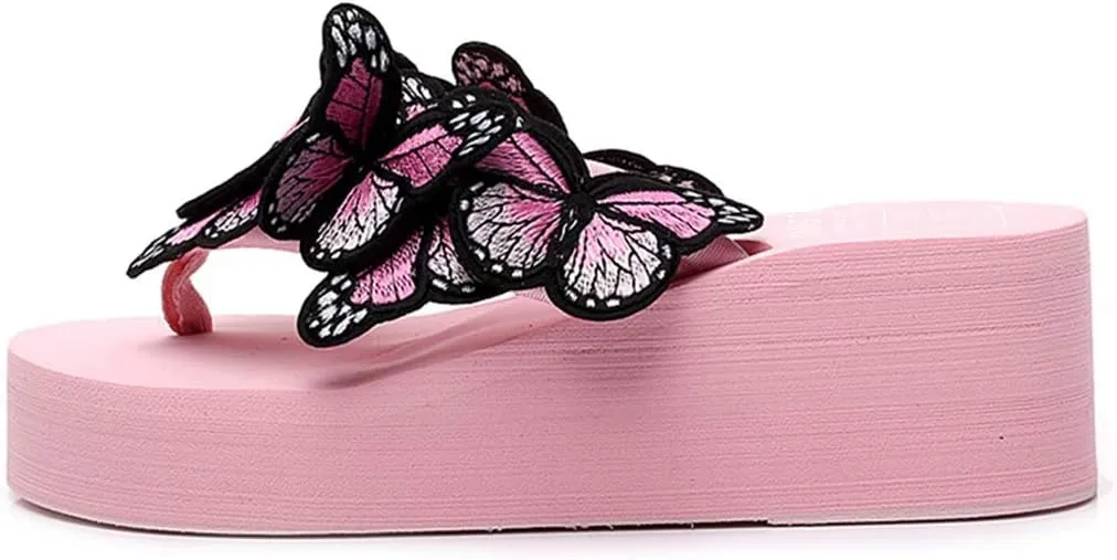 VOKLIN Women's Bohemian Butterfly Platform High Heel Flip Flops Anti-Slip Summer Beach Thong Wedge Sandals