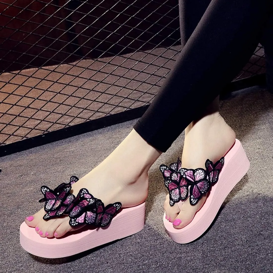 VOKLIN Women's Bohemian Butterfly Platform High Heel Flip Flops Anti-Slip Summer Beach Thong Wedge Sandals