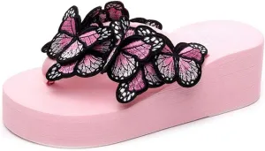 VOKLIN Women's Bohemian Butterfly Platform High Heel Flip Flops Anti-Slip Summer Beach Thong Wedge Sandals