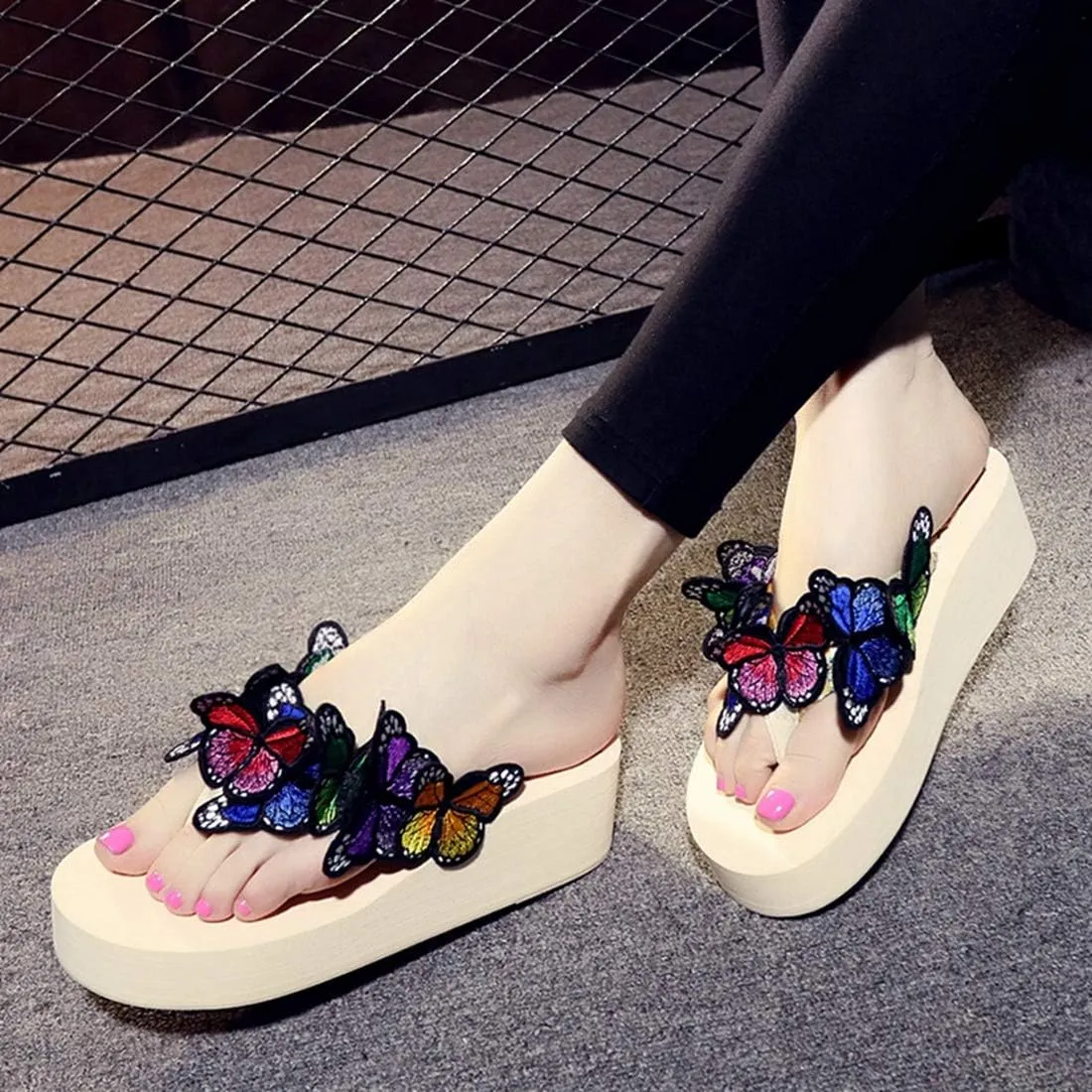 VOKLIN Women's Bohemian Butterfly Platform High Heel Flip Flops Anti-Slip Summer Beach Thong Wedge Sandals