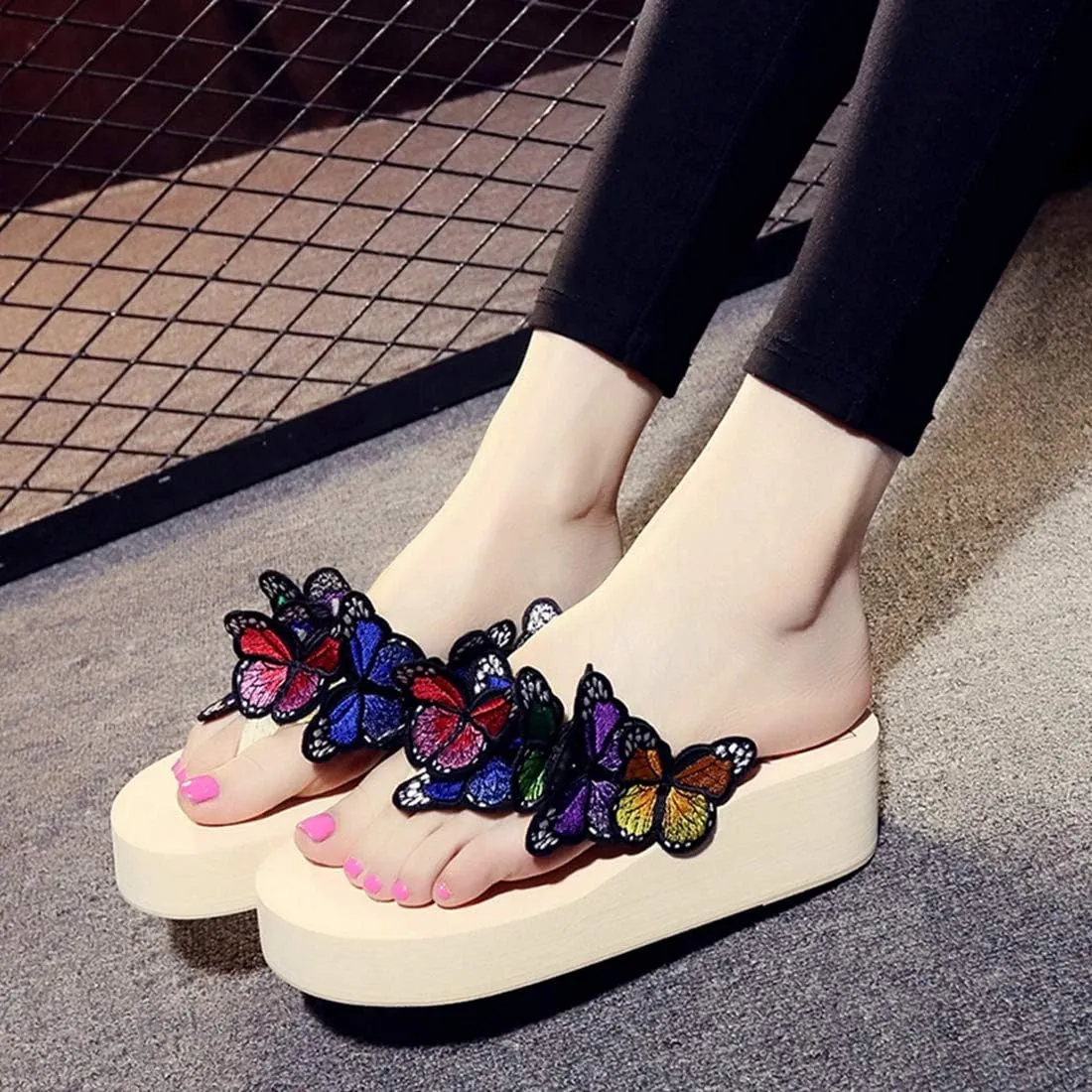 VOKLIN Women's Bohemian Butterfly Platform High Heel Flip Flops Anti-Slip Summer Beach Thong Wedge Sandals
