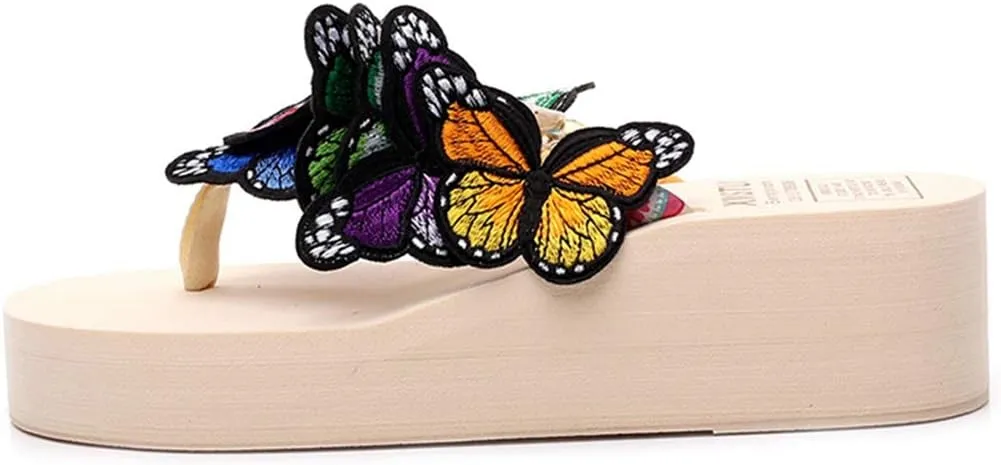VOKLIN Women's Bohemian Butterfly Platform High Heel Flip Flops Anti-Slip Summer Beach Thong Wedge Sandals