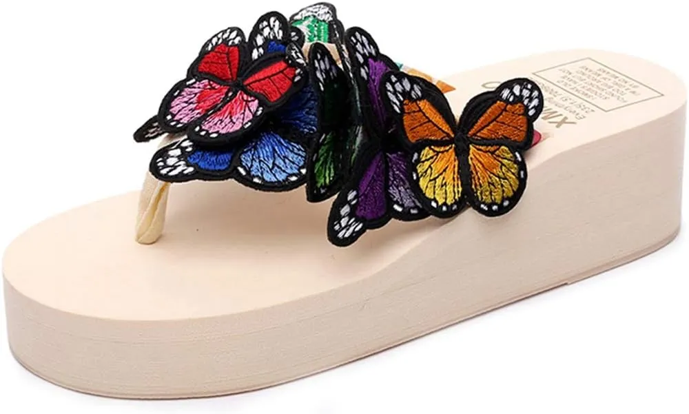 VOKLIN Women's Bohemian Butterfly Platform High Heel Flip Flops Anti-Slip Summer Beach Thong Wedge Sandals