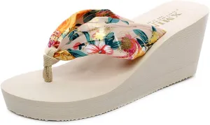 VOKLIN Women's Bohemian Florals Wedge High Heel Flipflop Sandals Summer Platform Nonslip Beach Thong Sandal