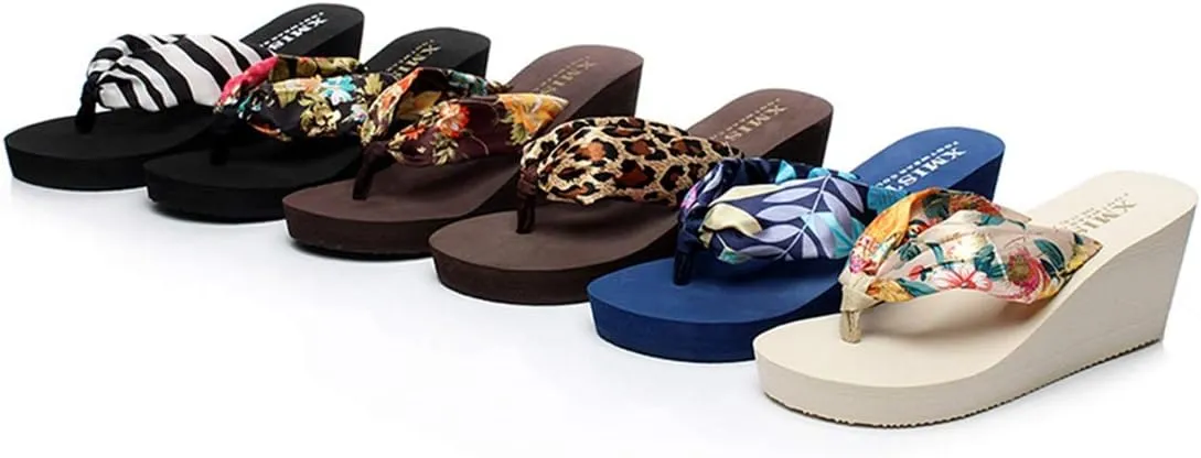 VOKLIN Women's Bohemian Florals Wedge High Heel Flipflop Sandals Summer Platform Nonslip Beach Thong Sandal