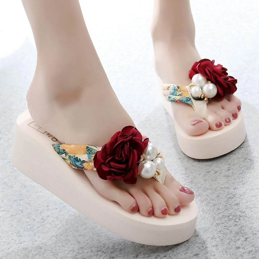 VOKLIN Women's Bohemian Flower Wedge Flipflop Sandals Summer Platform Nonslip High Heel Beach Thong Sandal