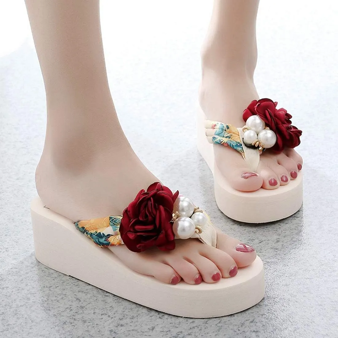 VOKLIN Women's Bohemian Flower Wedge Flipflop Sandals Summer Platform Nonslip High Heel Beach Thong Sandal