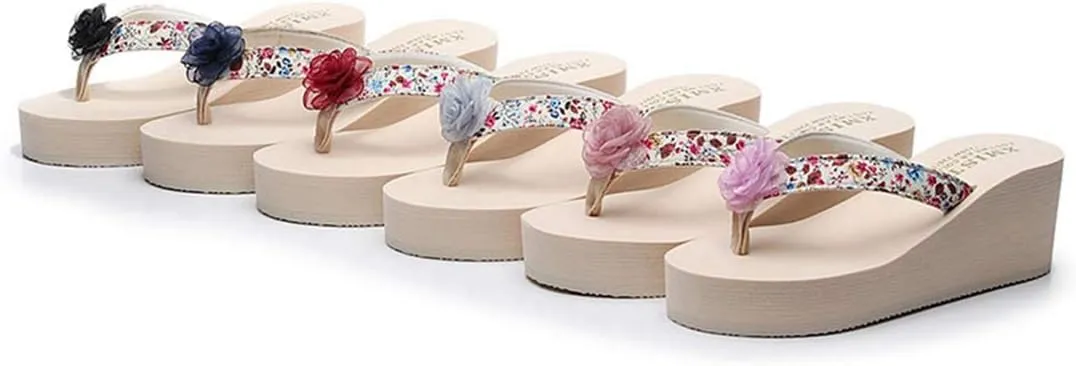 VOKLIN Women's Bohemian Flower Wedge High Heel Flipflop Sandals Summer Platform Nonslip Beach Thong Sandal