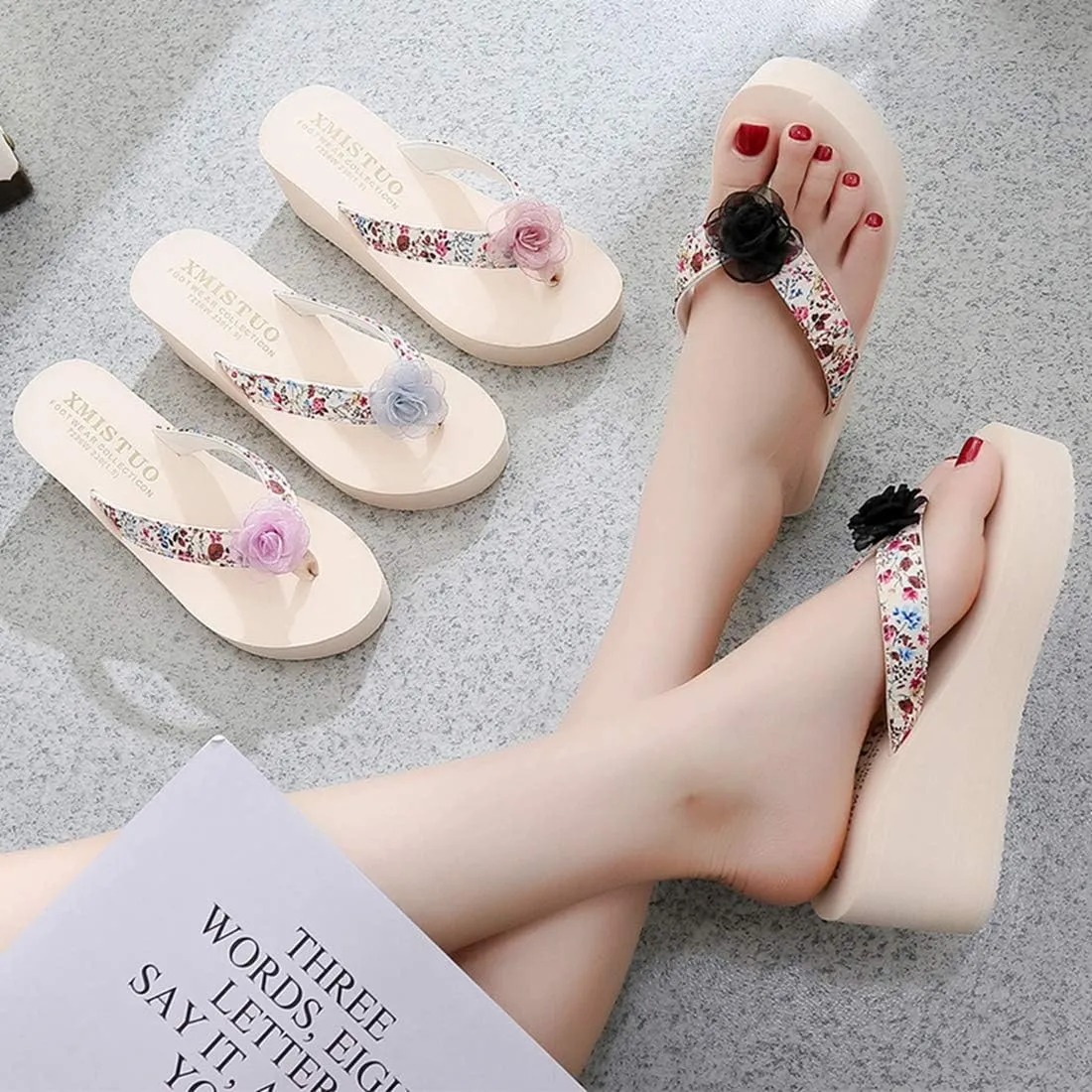 VOKLIN Women's Bohemian Flower Wedge High Heel Flipflop Sandals Summer Platform Nonslip Beach Thong Sandal