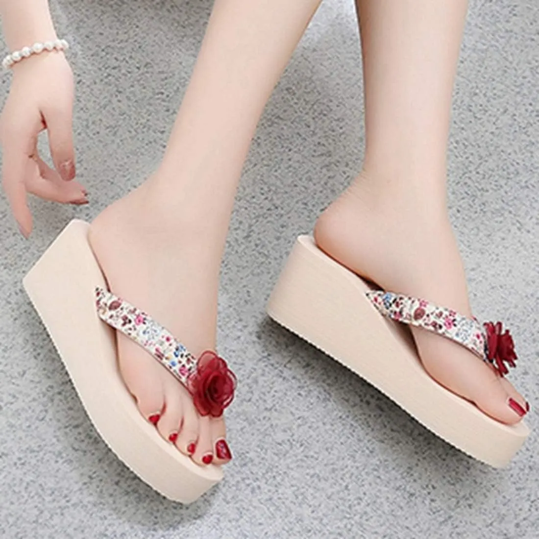 VOKLIN Women's Bohemian Flower Wedge High Heel Flipflop Sandals Summer Platform Nonslip Beach Thong Sandal