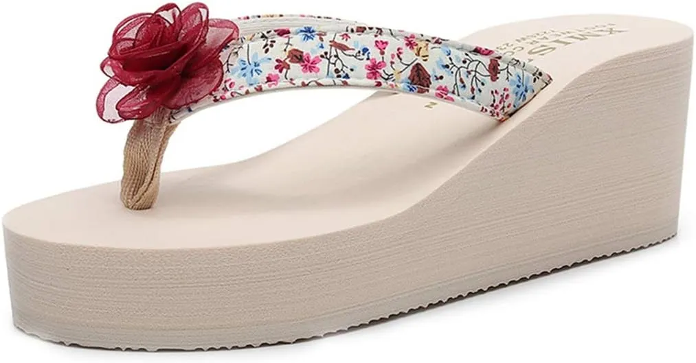 VOKLIN Women's Bohemian Flower Wedge High Heel Flipflop Sandals Summer Platform Nonslip Beach Thong Sandal