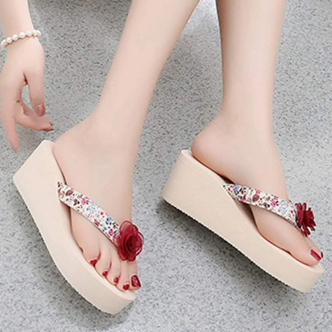 VOKLIN Women's Bohemian Flower Wedge High Heel Flipflop Sandals Summer Platform Nonslip Beach Thong Sandal