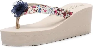 VOKLIN Women's Bohemian Flower Wedge High Heel Flipflop Sandals Summer Platform Nonslip Beach Thong Sandal