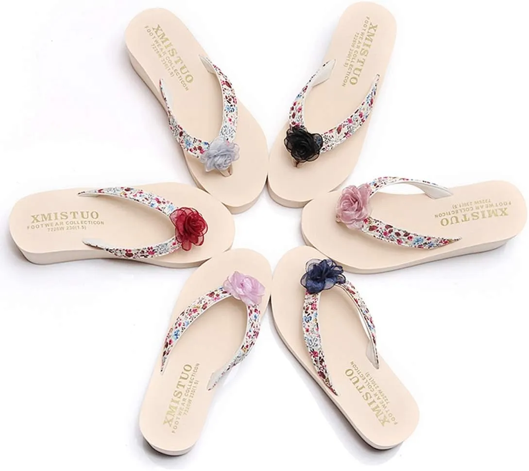 VOKLIN Women's Bohemian Flower Wedge High Heel Flipflop Sandals Summer Platform Nonslip Beach Thong Sandal