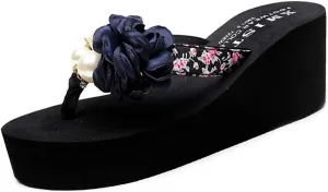 VOKLIN Women's Bohemian Flowers Wedge High Heel Flipflop Sandals Summer Platform Nonslip Beach Thong Sandal
