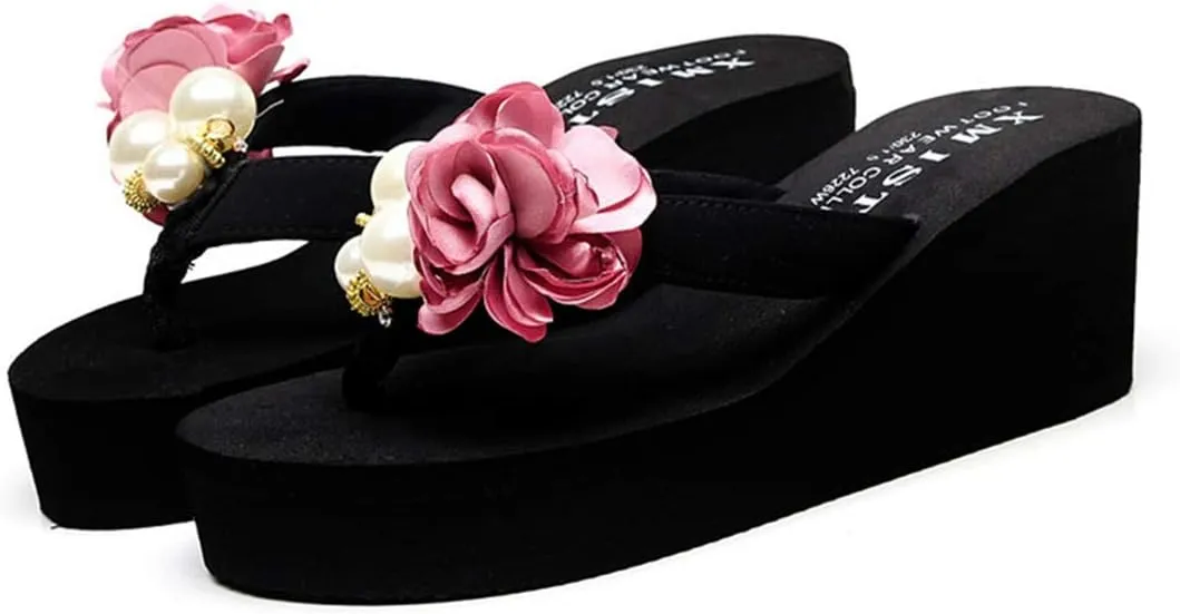 VOKLIN Women's Bohemian Flowers Wedge High Heel Flipflop Sandals Summer Platform Nonslip Beach Thong Sandal