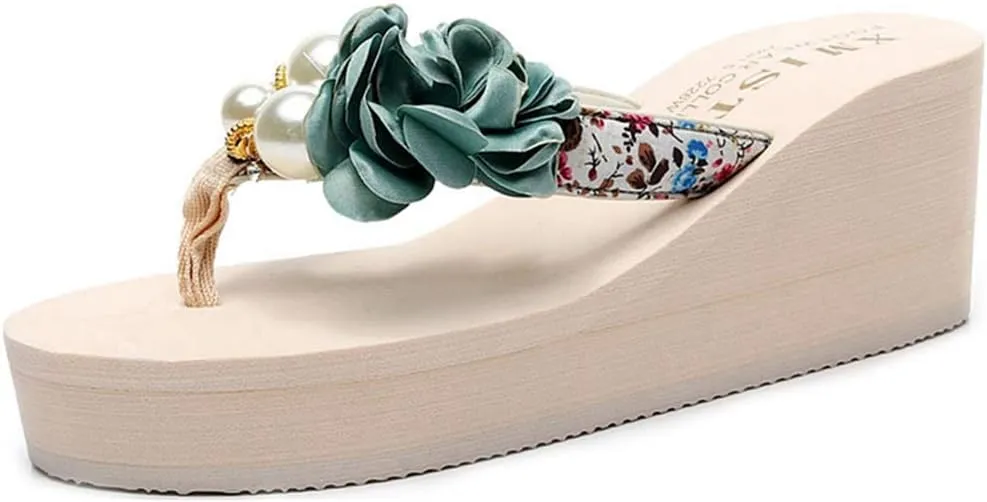 VOKLIN Women's Bohemian Flowers Wedge High Heel Flipflop Sandals Summer Platform Nonslip Beach Thong Sandal