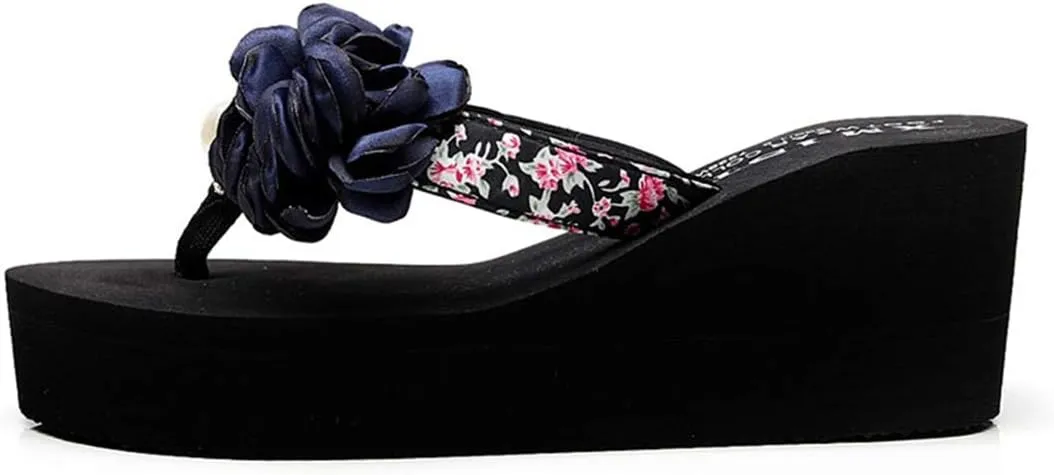 VOKLIN Women's Bohemian Flowers Wedge High Heel Flipflop Sandals Summer Platform Nonslip Beach Thong Sandal