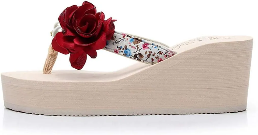 VOKLIN Women's Bohemian Flowers Wedge High Heel Flipflop Sandals Summer Platform Nonslip Beach Thong Sandal