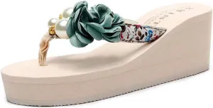 VOKLIN Women's Bohemian Flowers Wedge High Heel Flipflop Sandals Summer Platform Nonslip Beach Thong Sandal