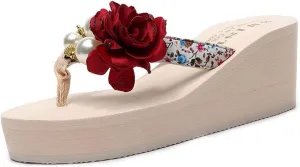 VOKLIN Women's Bohemian Flowers Wedge High Heel Flipflop Sandals Summer Platform Nonslip Beach Thong Sandal