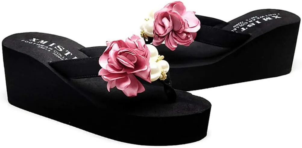 VOKLIN Women's Bohemian Flowers Wedge High Heel Flipflop Sandals Summer Platform Nonslip Beach Thong Sandal
