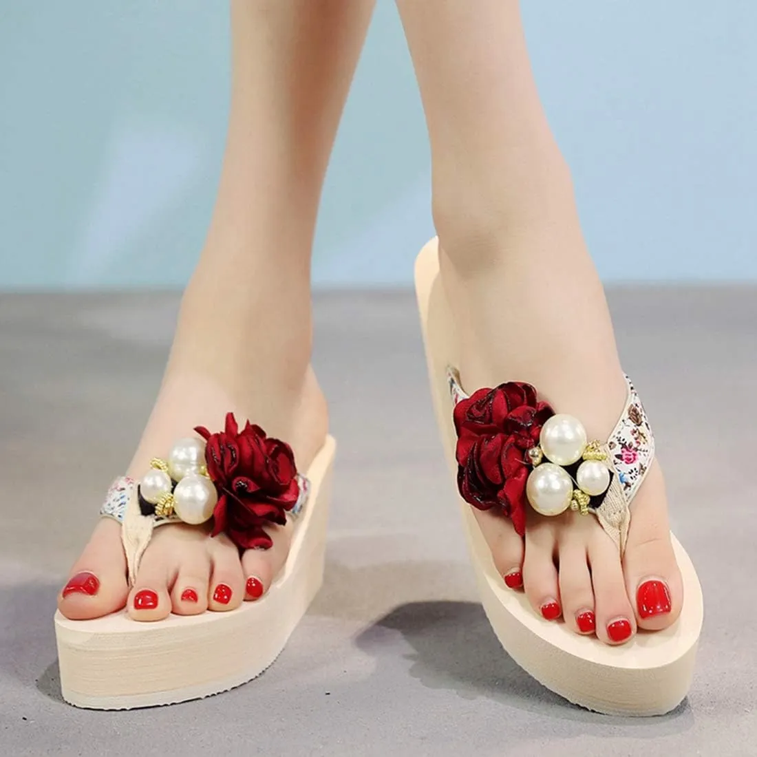 VOKLIN Women's Bohemian Flowers Wedge High Heel Flipflop Sandals Summer Platform Nonslip Beach Thong Sandal