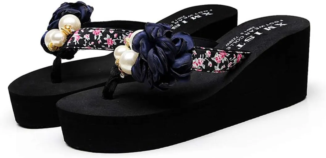 VOKLIN Women's Bohemian Flowers Wedge High Heel Flipflop Sandals Summer Platform Nonslip Beach Thong Sandal