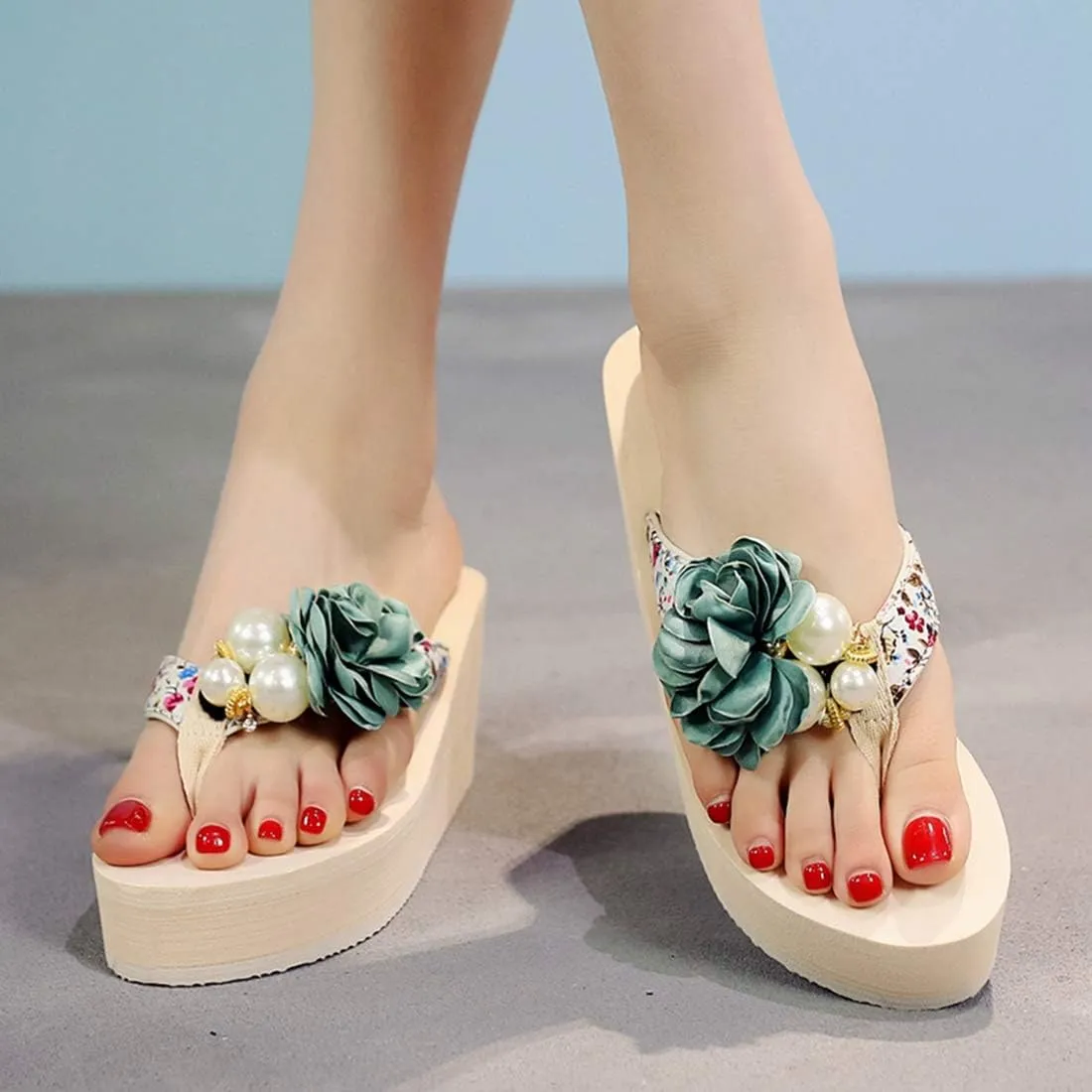 VOKLIN Women's Bohemian Flowers Wedge High Heel Flipflop Sandals Summer Platform Nonslip Beach Thong Sandal