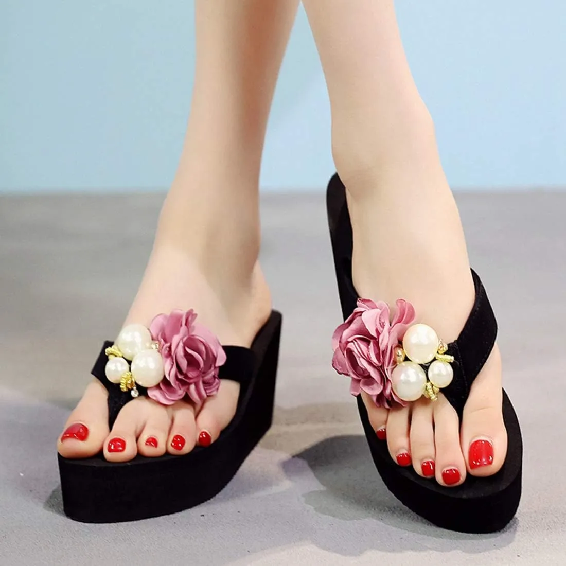 VOKLIN Women's Bohemian Flowers Wedge High Heel Flipflop Sandals Summer Platform Nonslip Beach Thong Sandal