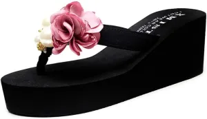 VOKLIN Women's Bohemian Flowers Wedge High Heel Flipflop Sandals Summer Platform Nonslip Beach Thong Sandal